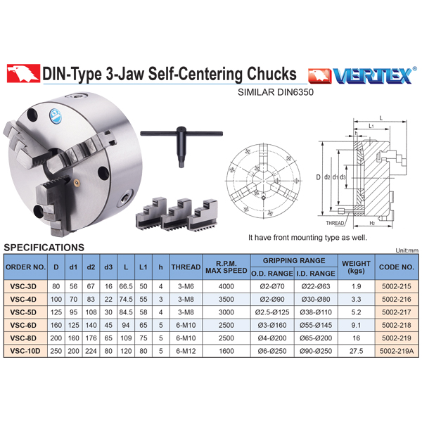 3 Jaw self centering chuck front mount