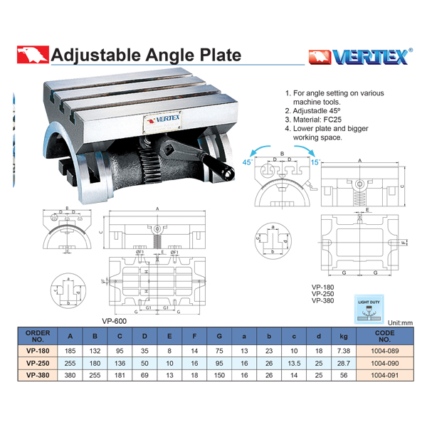 adjustable angle plate vp 250